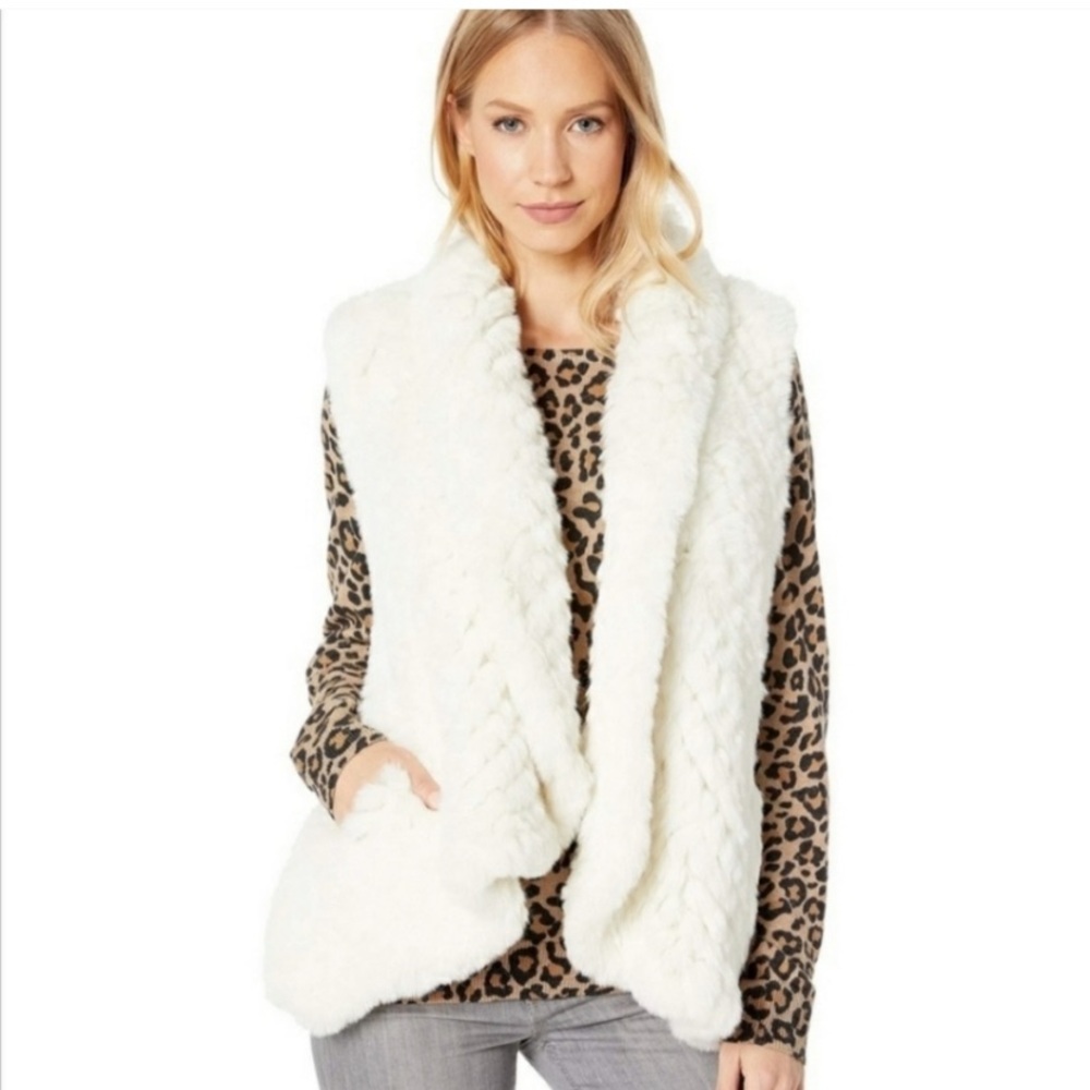 Calvin Klein Cream Ivory Plush Faux Fur Draped Open Front Vest Cozy Small